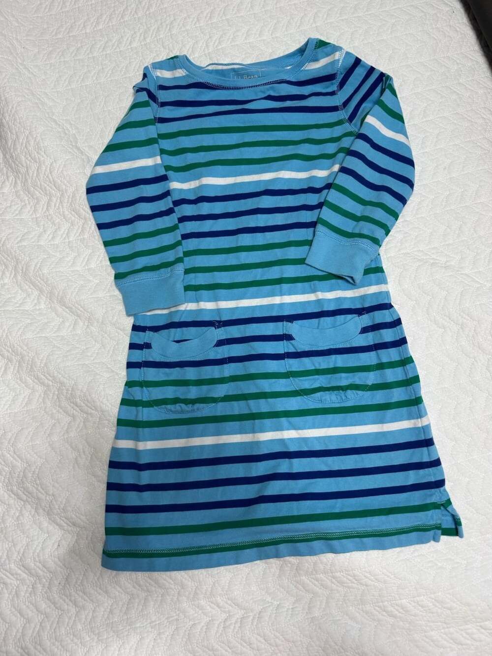 L.L. Bean Striped Dress Size 10 Blue Green Long Sleeve Pocket